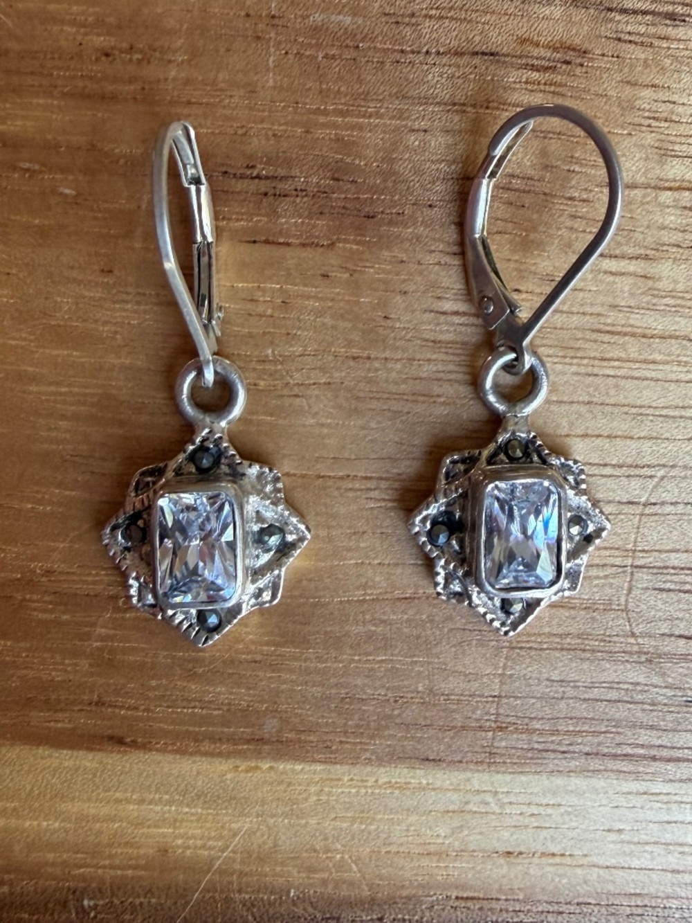 Vintage Charles Winston 925 Sterling Silver CZ Marcasite Leverback Earrings CW